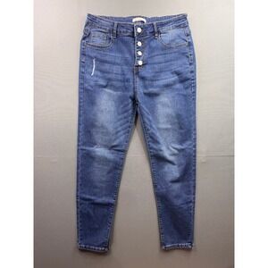 KIRUNDO Skinny Jeans Women‎ Blue Button Fly High Rise Distressed Size L